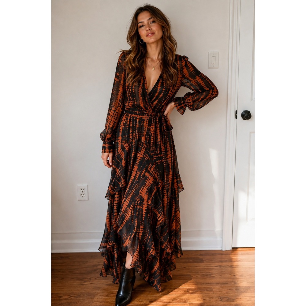 Becca Tilley x Bar III Maxi Dress Women Medium Boho Tie Dye Tiered Ruffle Sheer